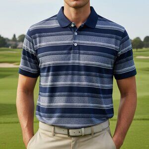 OAKLEY Polo Shirt Men's Large Blue Stripe Short Sleeve Reg. Fit Performance Golf